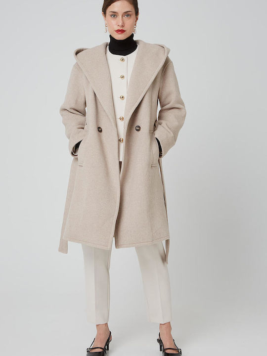 Women's Midi Coat with Belt and Hood Beige