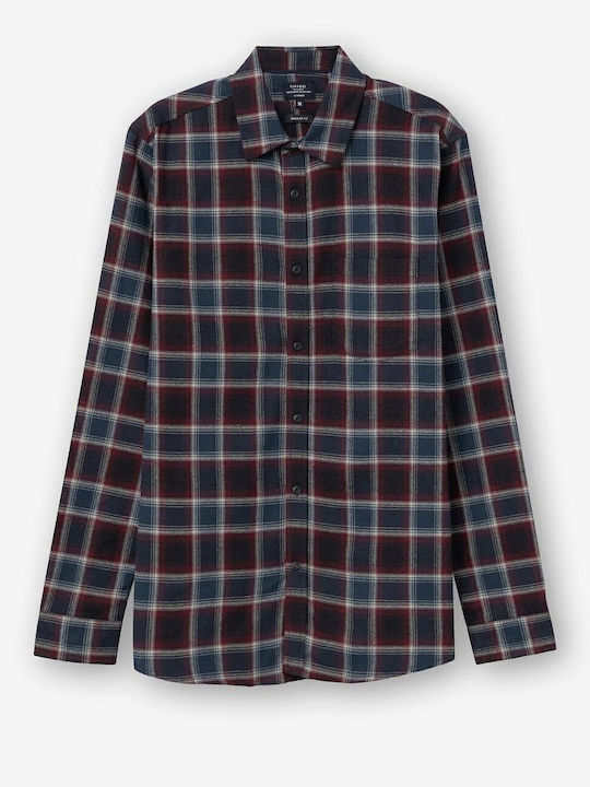 Long Sleeve Cotton Overshirt in Regular Fit Checked Navy Blue