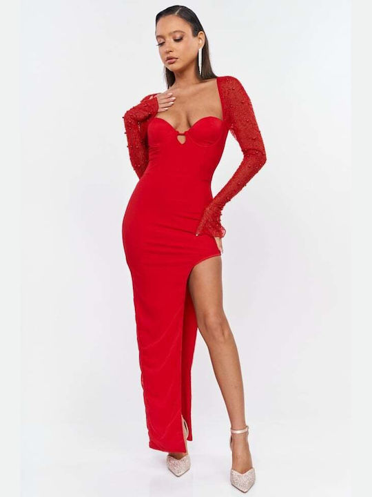 Midi Evening Dress with Mesh Red