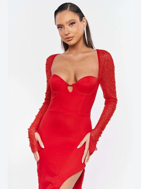 Midi Evening Dress with Mesh Red