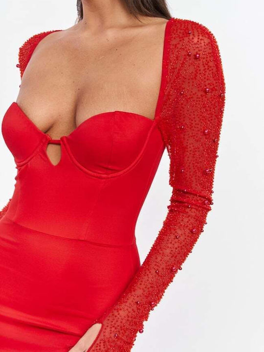 Midi Evening Dress with Mesh Red