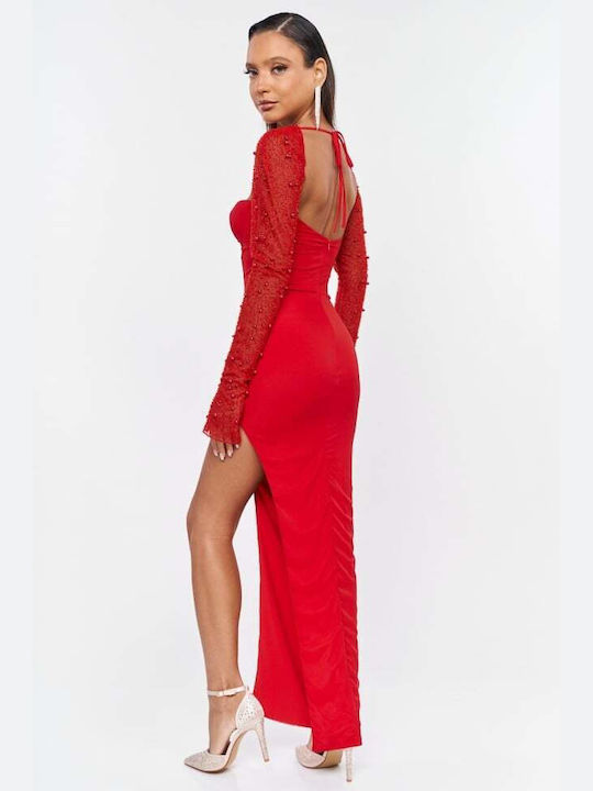 Midi Evening Dress with Mesh Red