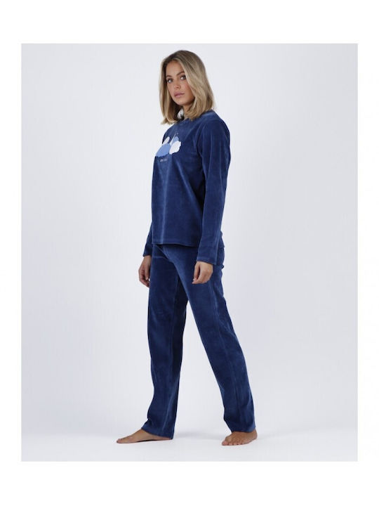 Admas Winter Damen Pyjama-Set Samt Navy