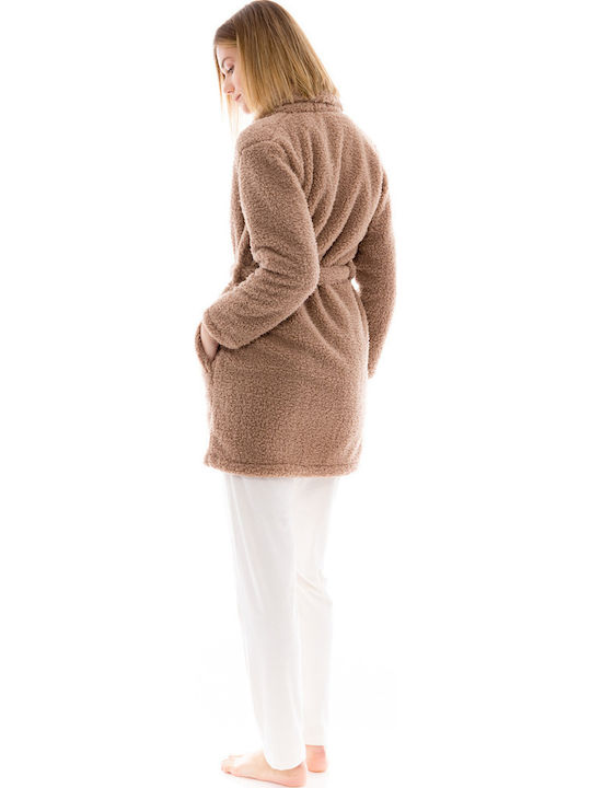 Pink Label Χειμερινή Γυναικεία Fleece Ρόμπα Καφέ