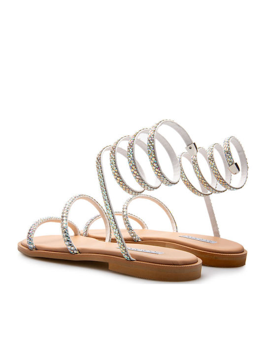 Leder Flache Sandalen für Damen in Silber Farbe