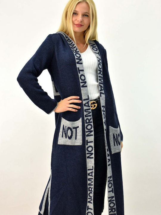 Caroon Long Women's Knitted Cardigan Navy Blue