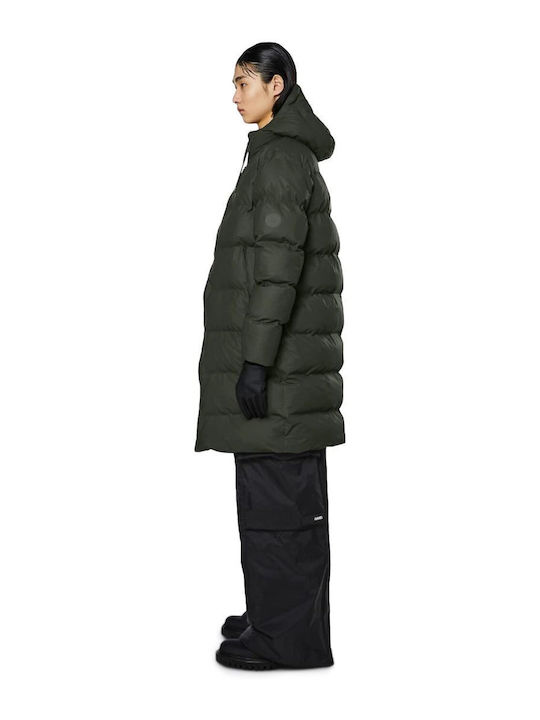 Rains Women's Long Puffer Jacket Waterproof and Windproof for Winter Green
