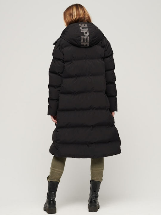 Women's Long Puffer Jacket for Winter with Hood Black