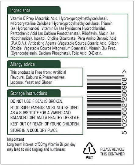 Natures Aid Vitamin B Complex 50 + C Multivitamin for Energy & Immune System Boost 90 Tablets