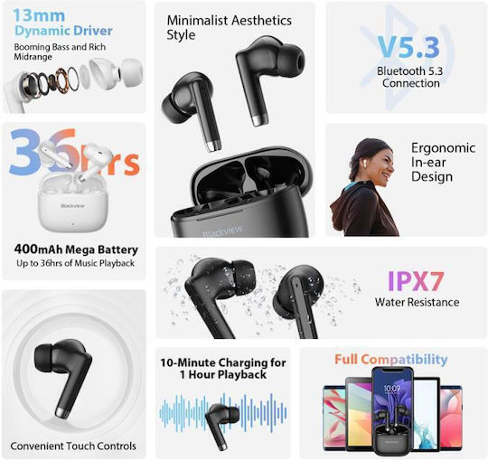BlackView AirBuds 4 Bluetooth Handsfree Ακουστικά με Αντοχή στον Ιδρώτα και Θήκη Φόρτισης Λευκά
