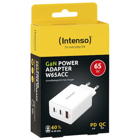 Intenso Wireless Charger GaN With USB-A Port And 2 USB-C Ports 65W White