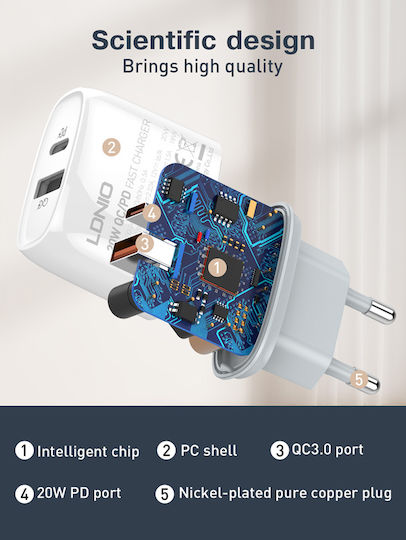 Ldnio Charger with USB-A Port and USB-C Port and Cable USB-C - USB-C 20W Power Delivery Whites (Q229)
