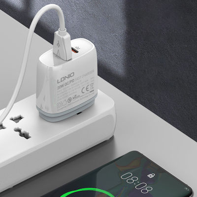 Ldnio Încărcător cu Port USB-A și Port USB-C și Cablu USB-C - USB-C 20W Livrarea energiei Albς (Q229)