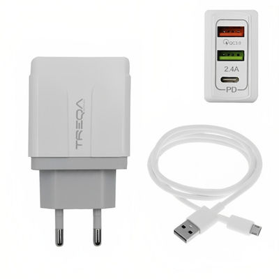 Treqa Ladegerät mit 2 USB-A Anschlüsse und USB-C Anschluss und Kabel Micro-USB 38W Stromlieferung Weißs (CH-640-M)