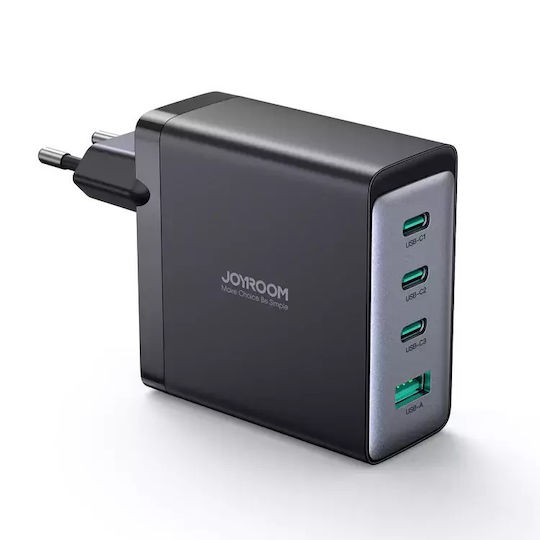 Joyroom Încărcător GaN cu Port USB-A și 3 Porturi USB-C și Cablu USB-C 100W Livrarea Energiei Quick Charge 3.0 Negru (JR-TCG04EU)
