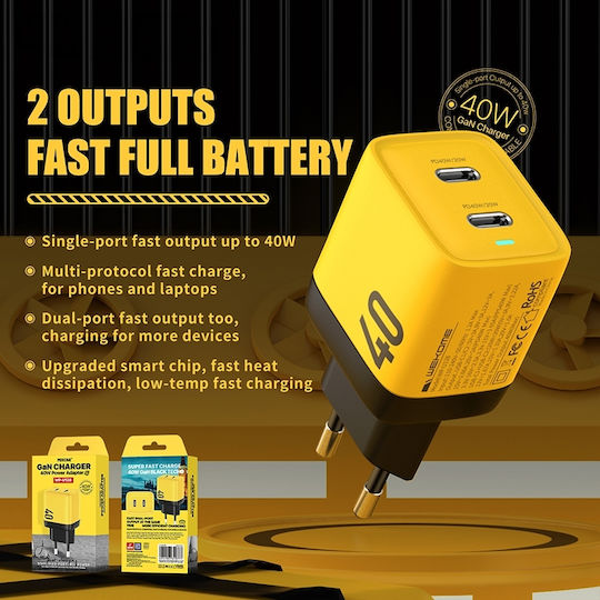 WK Φορτιστής Χωρίς Καλώδιο GaN με 2 Θύρες USB-C 40W Power Delivery Κίτρινος (WP-U128)