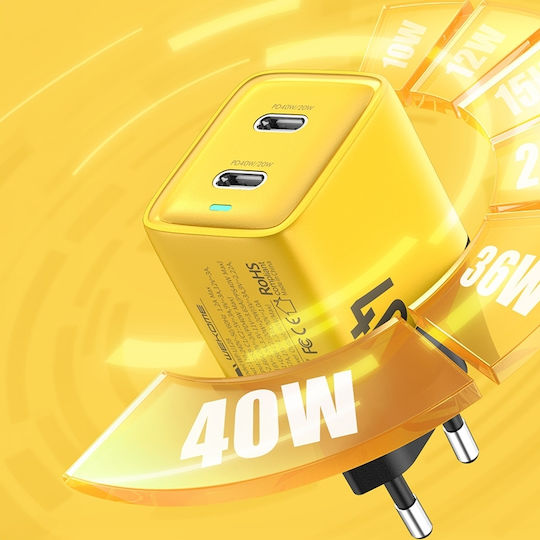 WK Φορτιστής Χωρίς Καλώδιο GaN με 2 Θύρες USB-C 40W Power Delivery Κίτρινος (WP-U128)