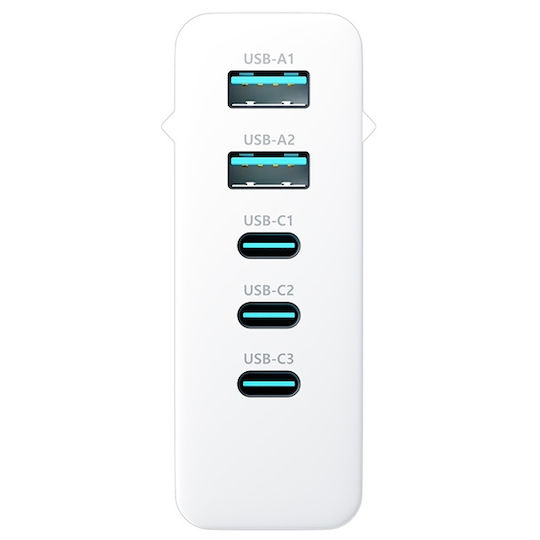 3MK Зарядно Устройство Без Кабел GaN с 2 USB-A Изходни Порта и 3 USB-C Изходни Порта 140W Power Delivery Бял (Hypercharger Gan)