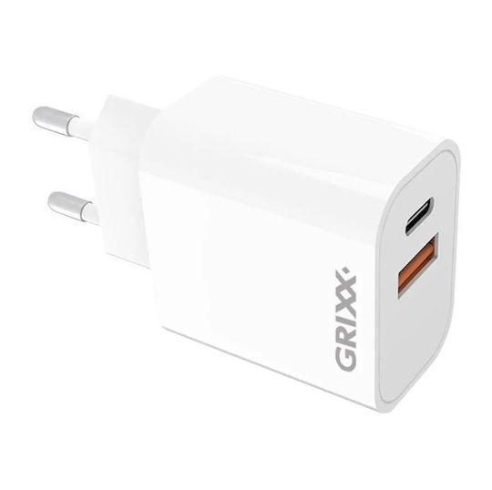 Grixx Φορτιστής Χωρίς Καλώδιο με Θύρα USB-A και Θύρα USB-C 20W Power Delivery Λευκός (GRCHPDUSBCWT01)