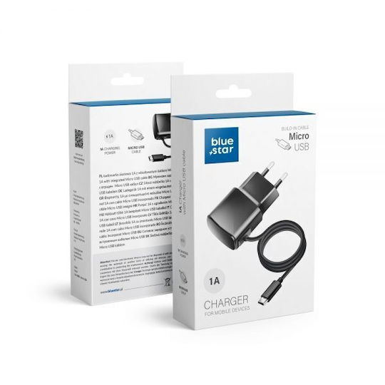 Blue Star Φορτιστής με Ενσωματωμένο Καλώδιο micro USB 5W Μαύρος (Travel Charger Universal micro USB 1000mAh)
