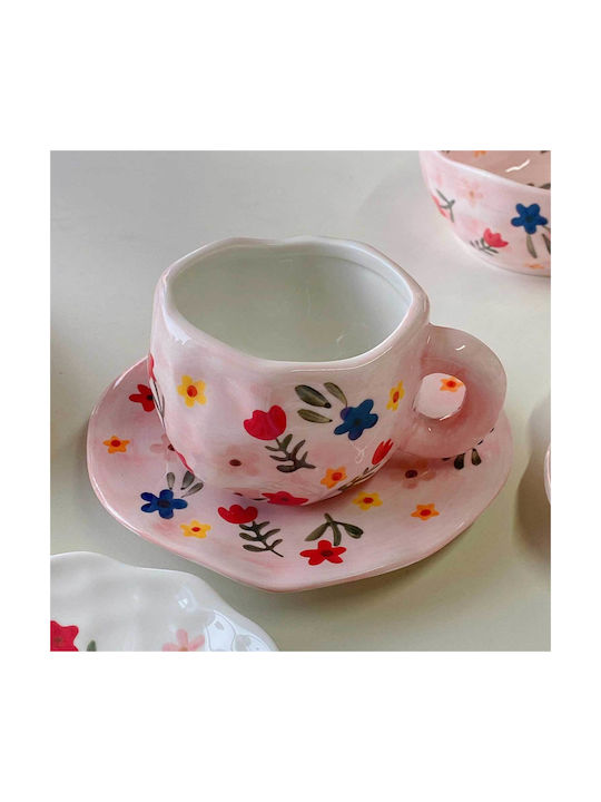 Disoza - Coffee mug set with saucer | Cute pink cup with flowers for women | Tea & coffee mug with saucer 250 ml | Ceramic mug for gift