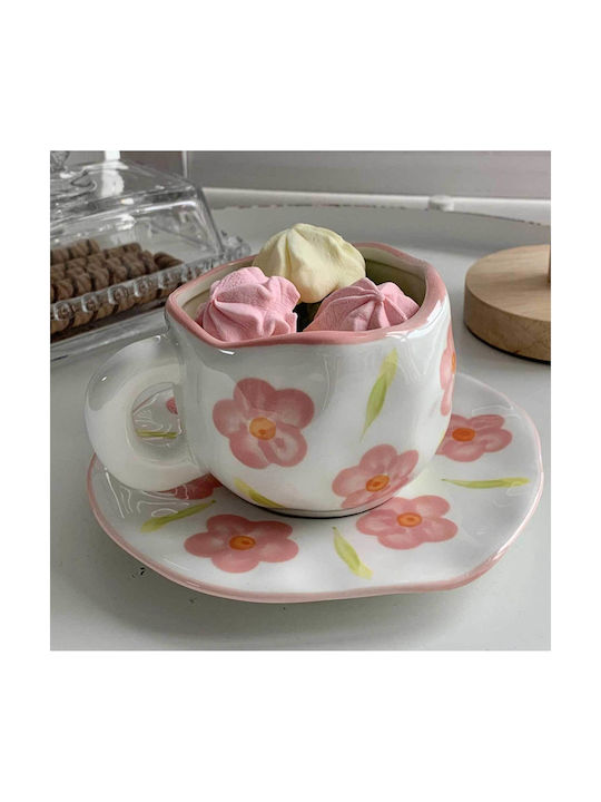 Disoza - Coffee mug set with saucer | Cute white cup with pink flowers for women | Tea & coffee mug with saucer 250 ml | Ceramic mug for gift