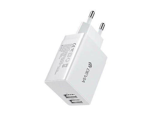 Devia Зарядно Устройство Без Кабел с 2 USB-A Изходни Порта 12W Бял (DVCH-329593)