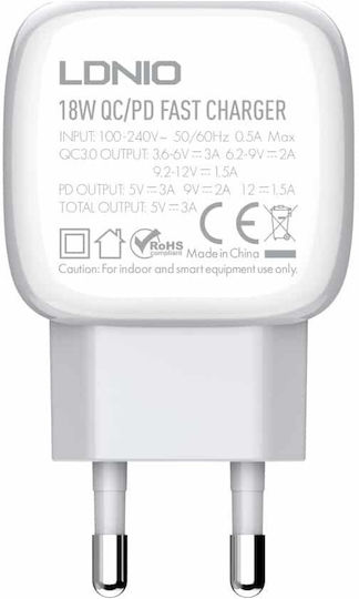 Ldnio Φορτιστής με Θύρα USB-A και Θύρα USB-C και Καλώδιο Lightning 18W Power Delivery / Quick Charge 3.0 Λευκός (A2313C)