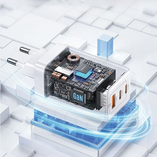 Usams Ladegerät ohne Kabel GaN mit USB-A Anschluss und 2 USB-C Anschlüsse 65W Stromlieferung Schwarzs (US-CC180)
