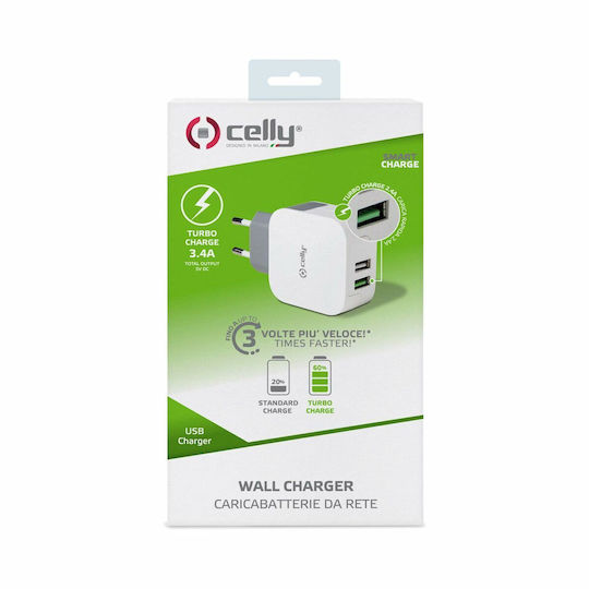 Celly Ladegerät ohne Kabel mit 2 USB-A Anschlüsse Weißs (TC2USBTURBO)