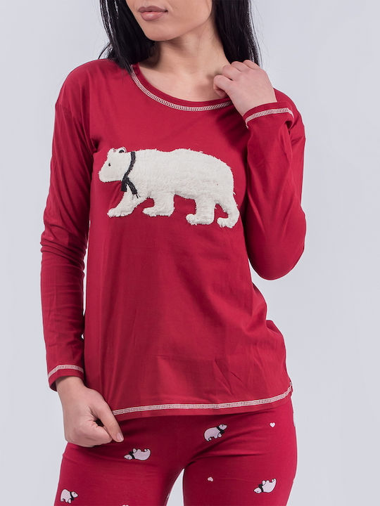 Eliz Winter Damen Baumwolle Pyjama-Oberteil Bordeaux