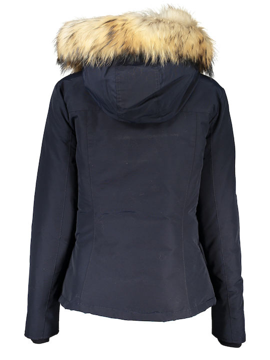 Woolrich Women's Short Lifestyle Jacket for Winter with Hood Blue.