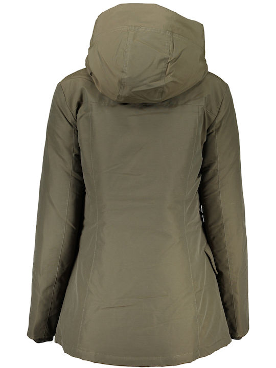 Woolrich Women's Long Lifestyle Jacket for Winter with Hood Green.