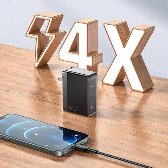 Mcdodo Charger Without Cable GaN with USB-A Port and 2 USB-C Ports 100W Power Delivery Blacks (Gan)
