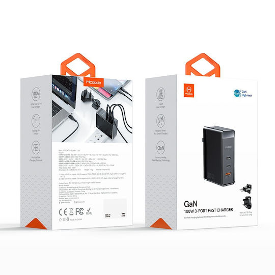 Mcdodo Charger Without Cable GaN with USB-A Port and 2 USB-C Ports 100W Power Delivery Blacks (Gan)