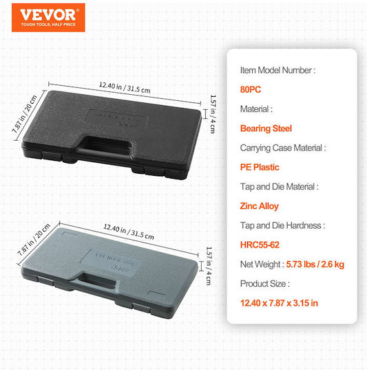 Vevor SZHMJZSZBYG80PY09V0 Tap & Die Sets with Tap Wrench Steel 10x1.5mm 80pcs