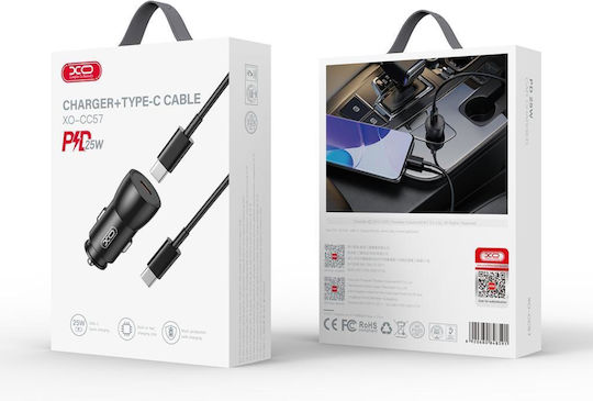 XO Φορτιστής Αυτοκινήτου 25W 2A με Θύρες: 1xUSB 1xType-C μαζί με Καλώδιο Type-C Μαύρος