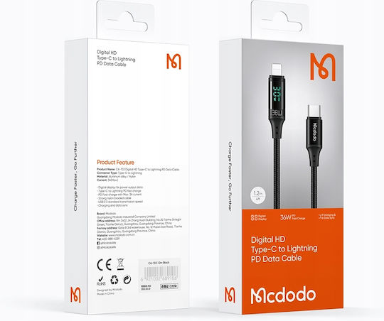 Mcdodo Braided / LED USB-A to Lightning Cable 36W Μαύρο 1m (CA-1060)