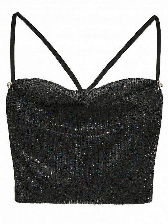 Γυναικείο Crop Top Ντραπέ με Τιράντες Μαύρο