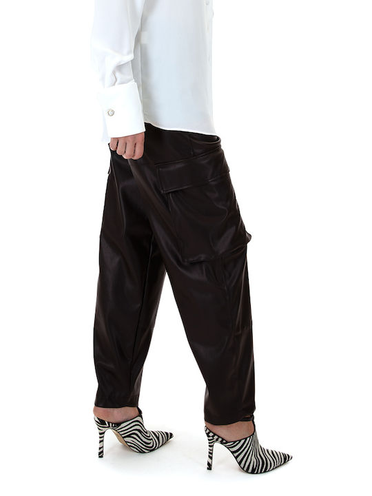 Dolce Domenica Women's High Waist Leather Cargo Trousers coffee