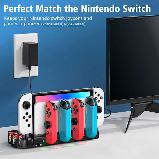 KDD 001 Βάση για 4 χειριστήρια Switch / Switch OLED Σταθμός φόρτισης χειριστηρίου | 8 θήκες αποθήκευσης παιχνιδιών Μαύρη 1000-42070154