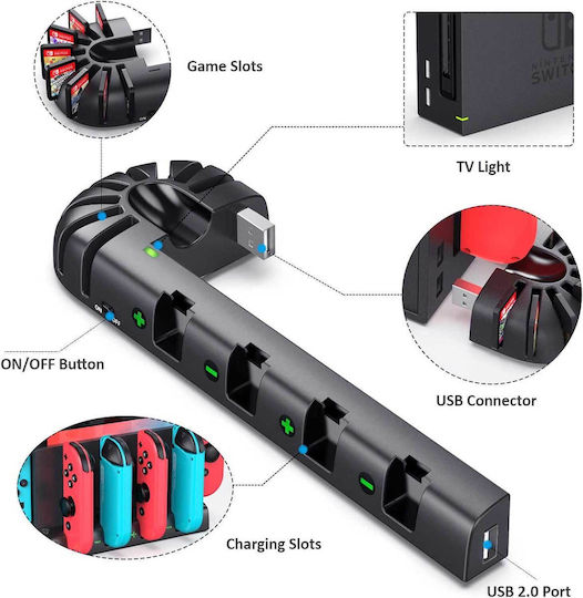 KDD 001 Βάση για 4 χειριστήρια Switch / Switch OLED Σταθμός φόρτισης χειριστηρίου | 8 θήκες αποθήκευσης παιχνιδιών Μαύρη 1000-42070154