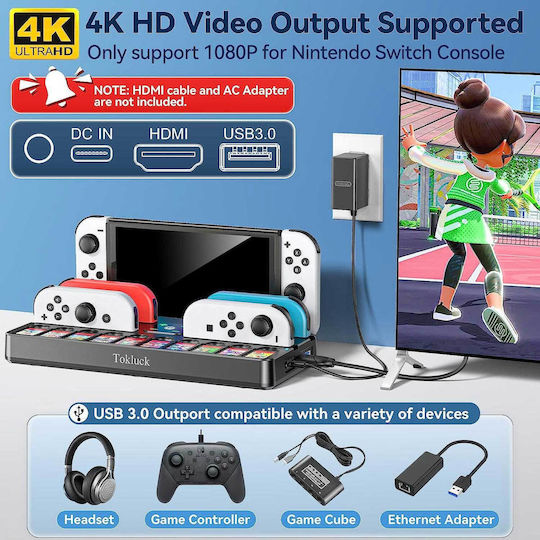 Tokluck SW804 Зарядна станция за 4 контролера Превключвател / Превключвател OLED Стойка за зареждане на базова станция със зарядно устройство за контролера Switch и 10 слота за игри Син