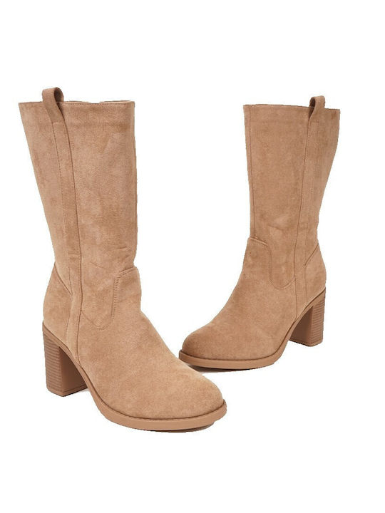 Plato Suede High Heel Women's Boots with Zipper Beige