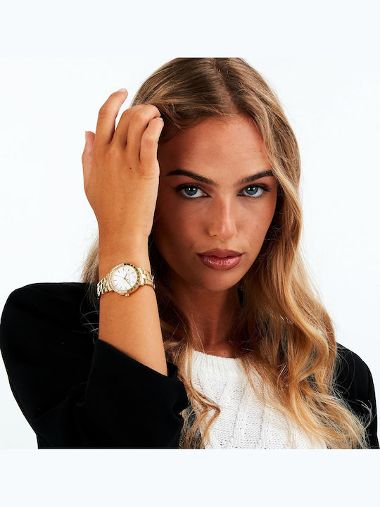 Trussardi T-vision Crystals Γυναικείο Ρολόι 30mm Μπαταρίας με Χρυσό Ατσάλινο Μπρασελέ