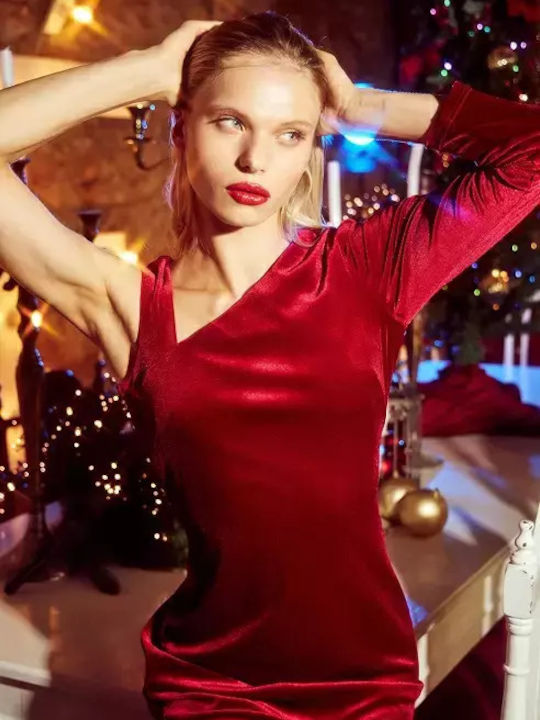 Midi Evening Dress Velvet with Slit Red