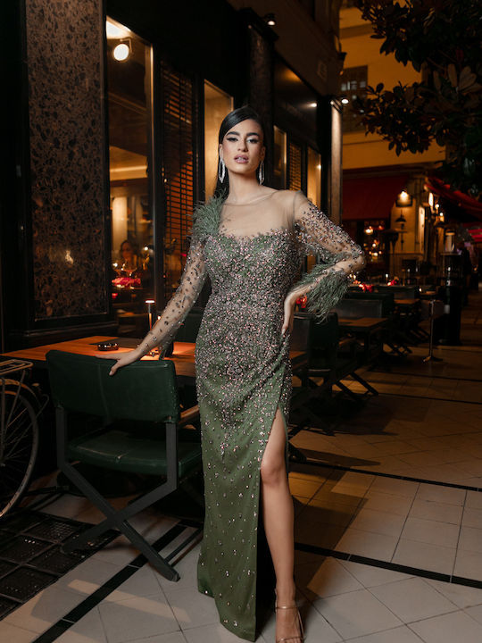 Anna Aktsali Collection Maxi Evening Dress with Slit Green