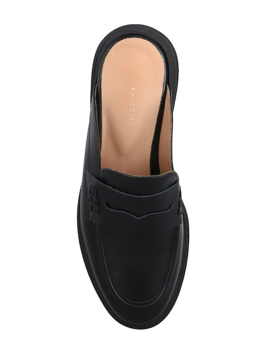 Leather Mules with Chunky Low Heel in Black Color