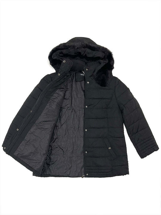 Women's Short Puffer Jacket for Winter with Detachable Hood Black