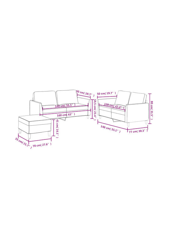 Living Room Furniture Set 2-Seater & 2-Seater & Stool Gray